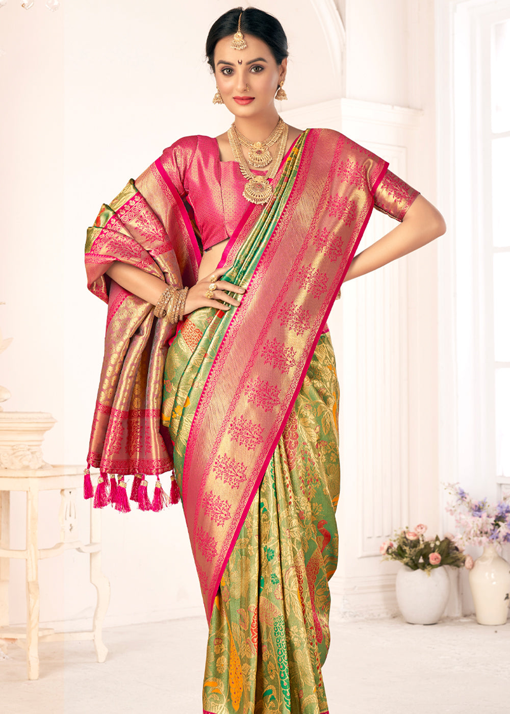 MySilkLove Driftwood Green Woven Paithani Fusion Kanjivaram Silk Saree