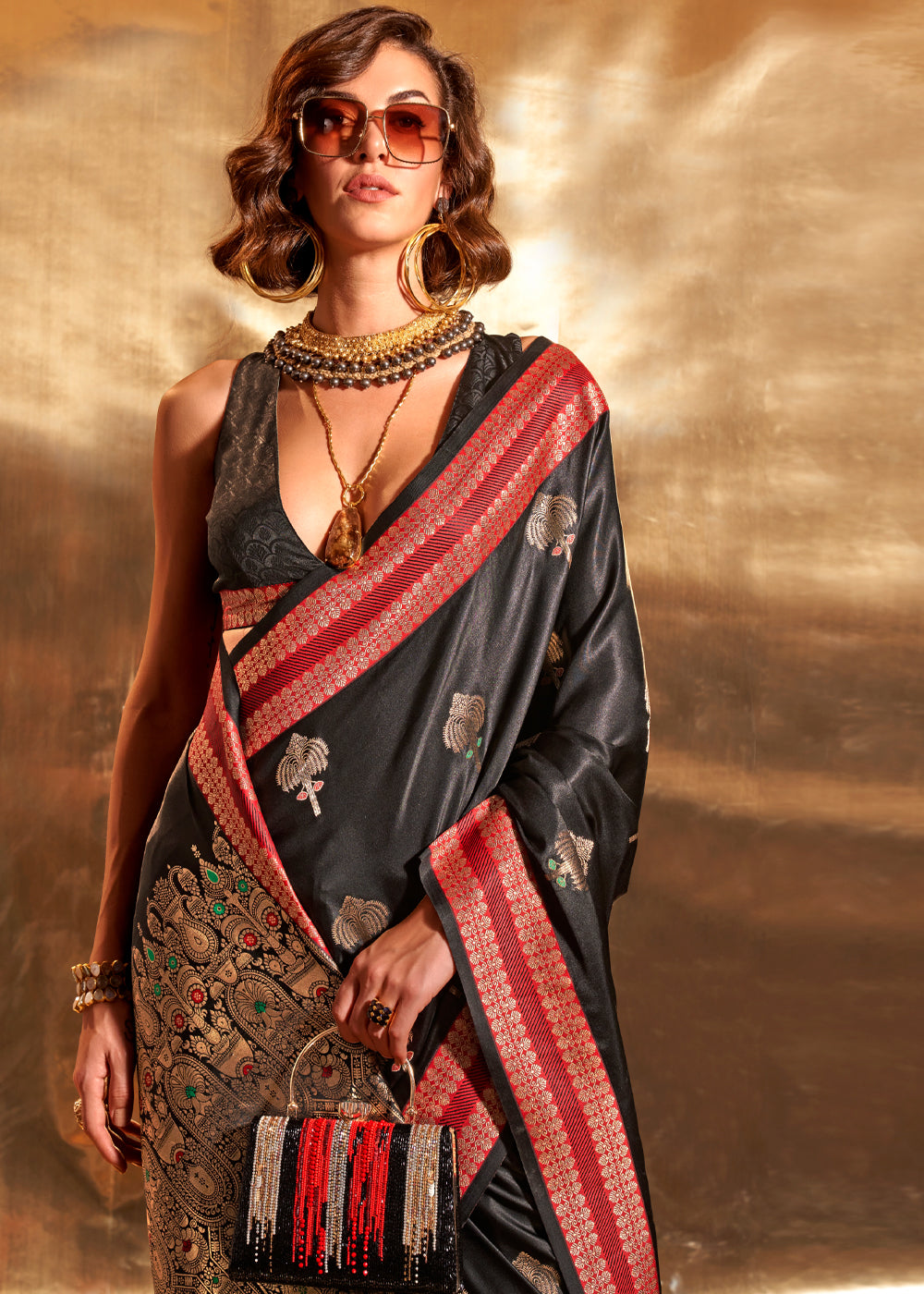 Buy MySilkLove Merlin Black Woven Banarasi Satin Silk Saree Online