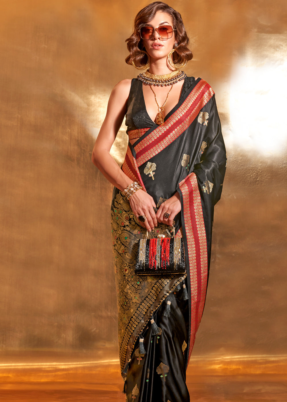 Buy MySilkLove Merlin Black Woven Banarasi Satin Silk Saree Online