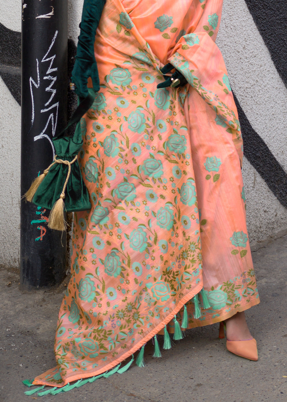 Buy MySilkLove Vivid Tangerine Orange Floral Handloom Banarasi Saree Online