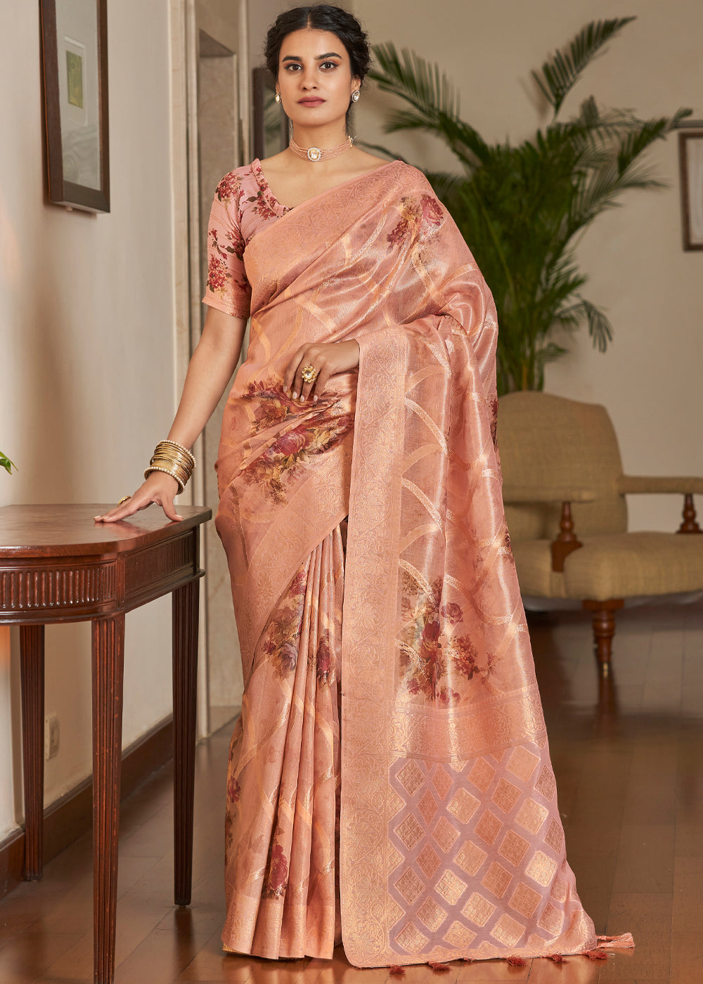 Buy MySilkLove Cashmere Peach Woven Banarasi Tissue Organza Silk Saree Online