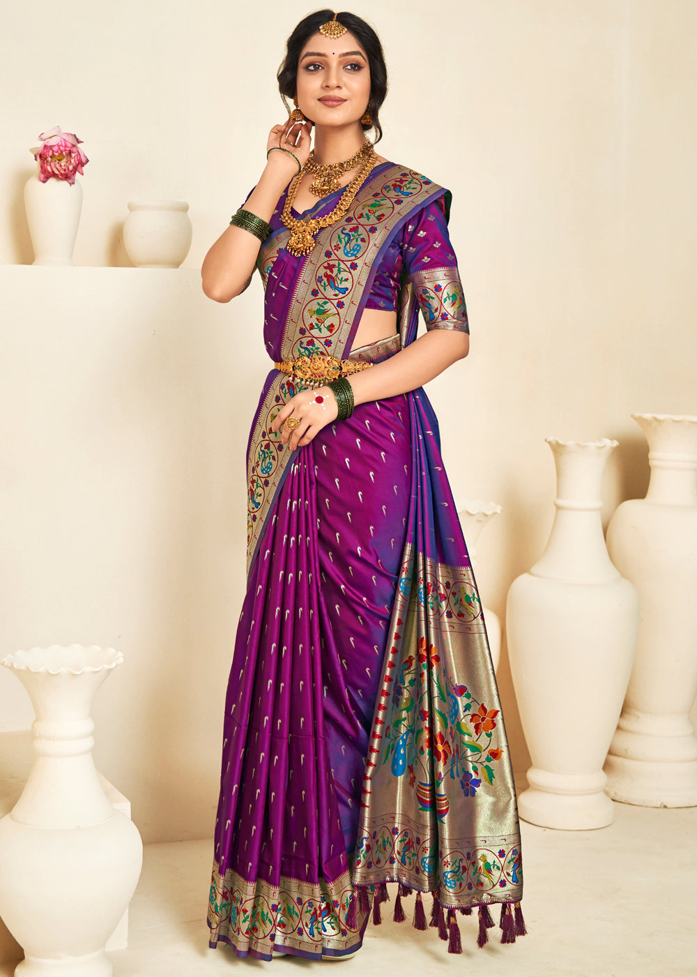 Buy MySilkLove Rose Bud Cherry Purple Woven Paithani Silk Saree Online