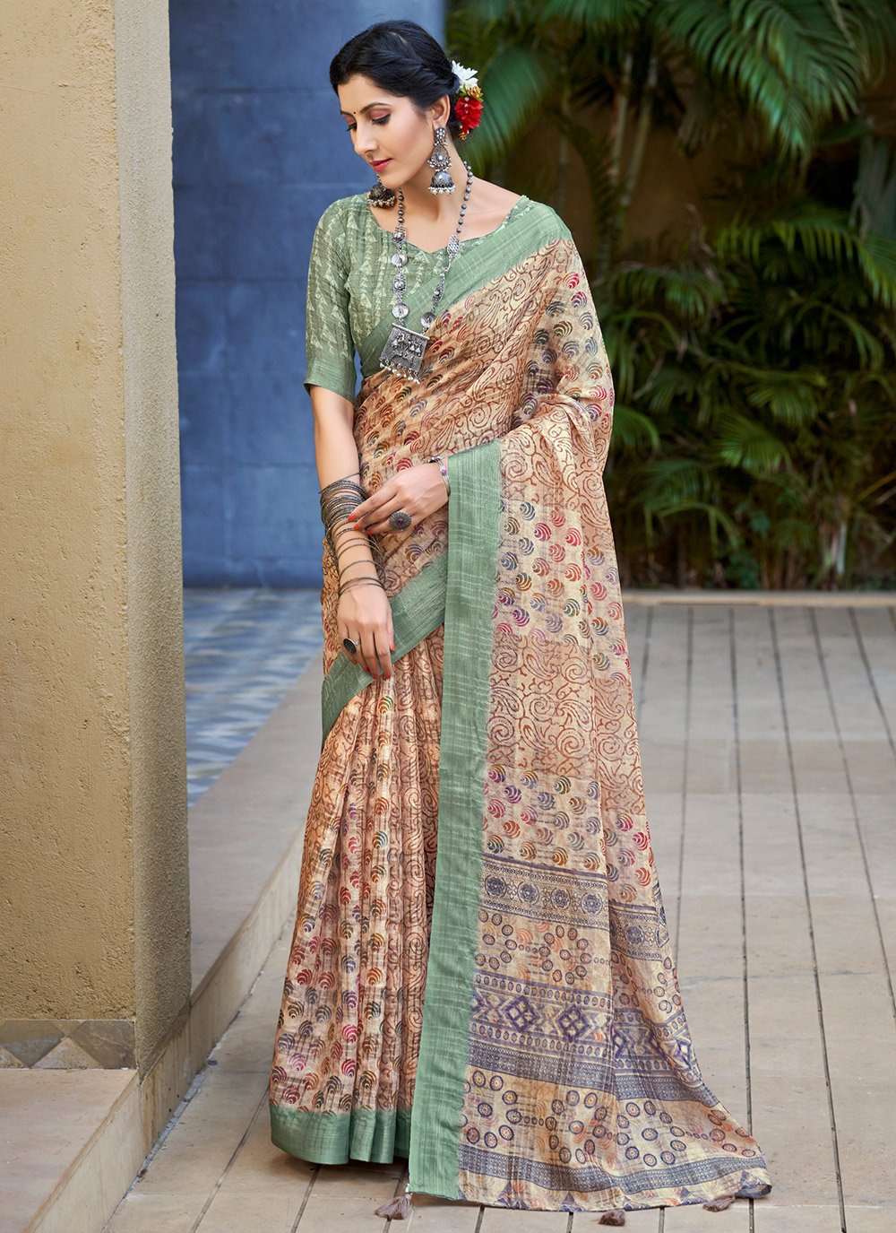 Buy MySilkLove Grain Cream Digital Printed Linen Saree Online