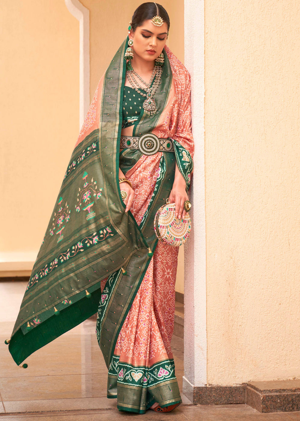 Buy MySilkLove Mona Lisa Peach and Green Printed Patola Soft Silk Saree Online