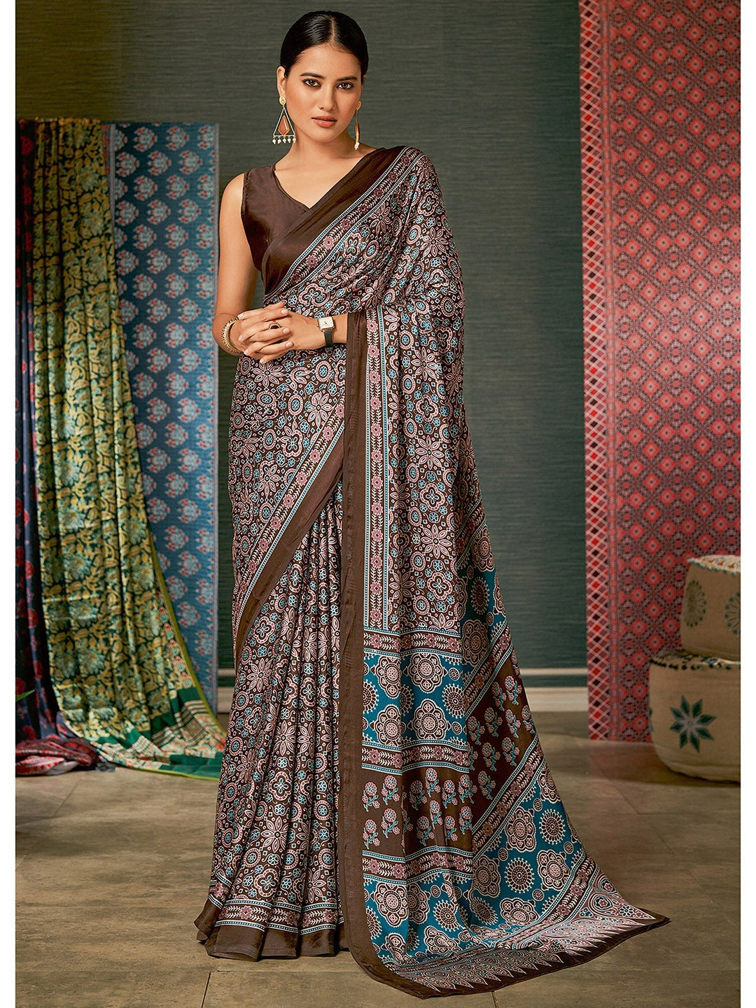 Buy MySilkLove Lime Blue and Brown Digital Printed Ajrakh Satin Crepe Saree Online