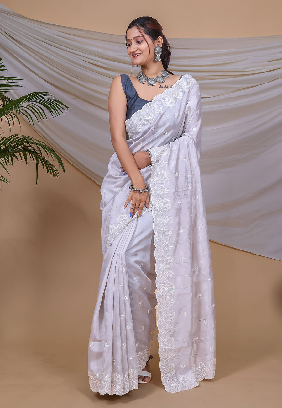 Buy MySilkLove Snuff White Tussar Silk Saree Online