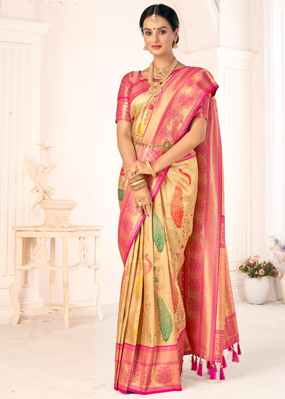 Buy MySilkLove Cream Brulee Woven Paithani Fusion Kanjivaram Silk Saree Online