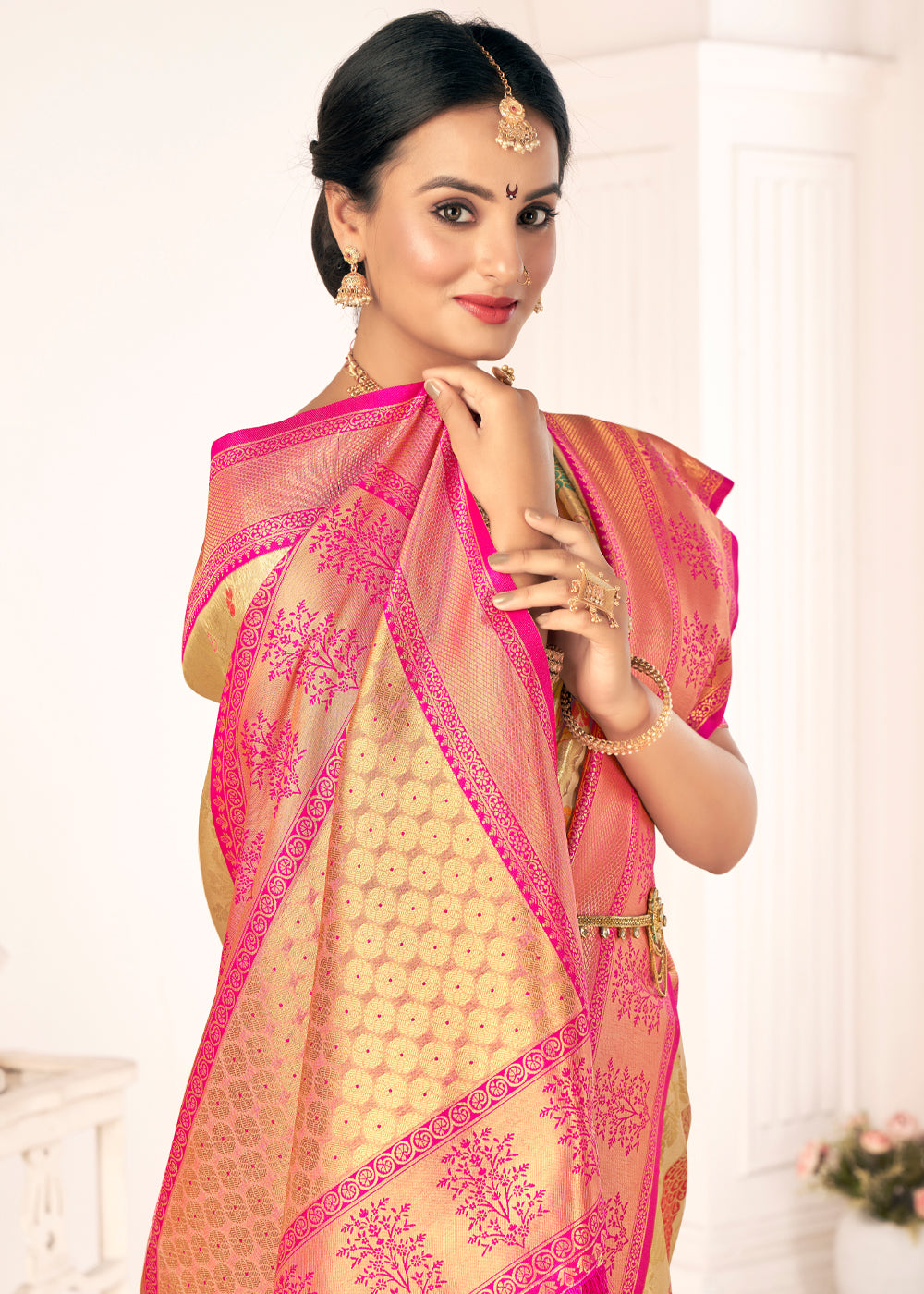 MySilkLove Cream Brulee Woven Paithani Fusion Kanjivaram Silk Saree