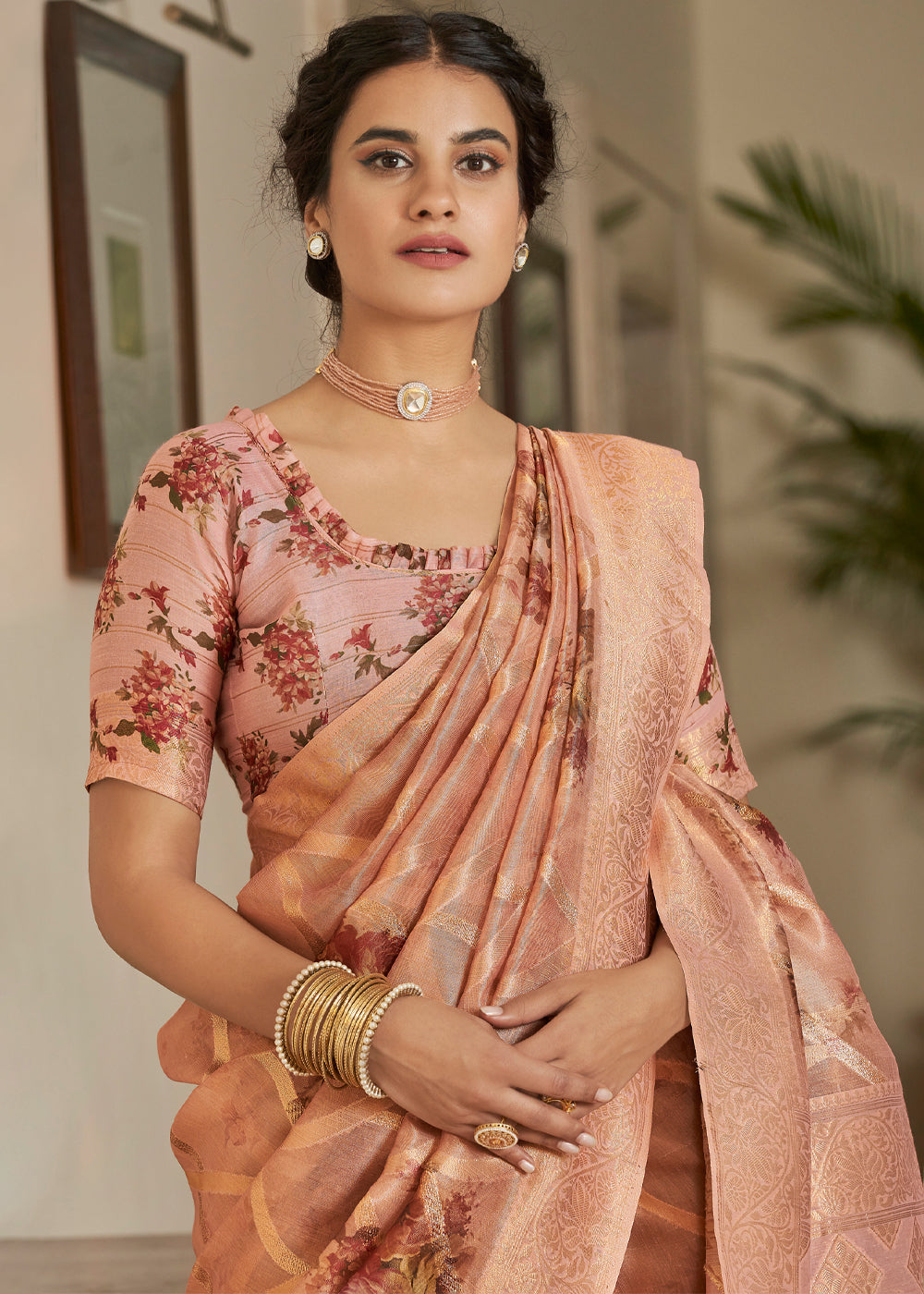 Buy MySilkLove Cashmere Peach Woven Banarasi Tissue Organza Silk Saree Online