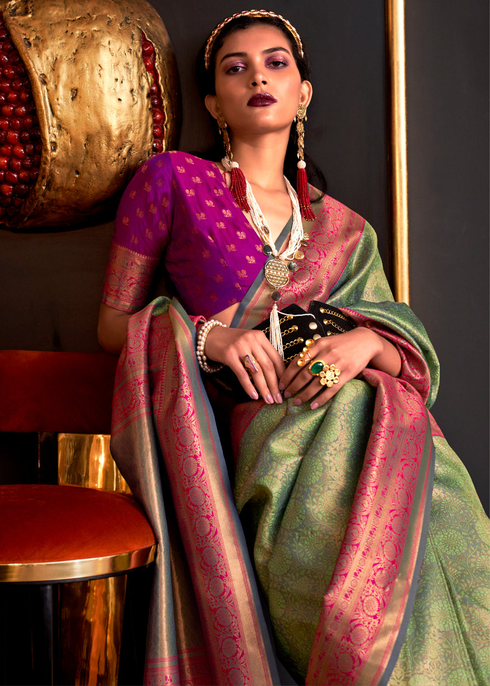 Buy MySilkLove Battleship Green Chaap Handloom kanjivaram silk Saree Online