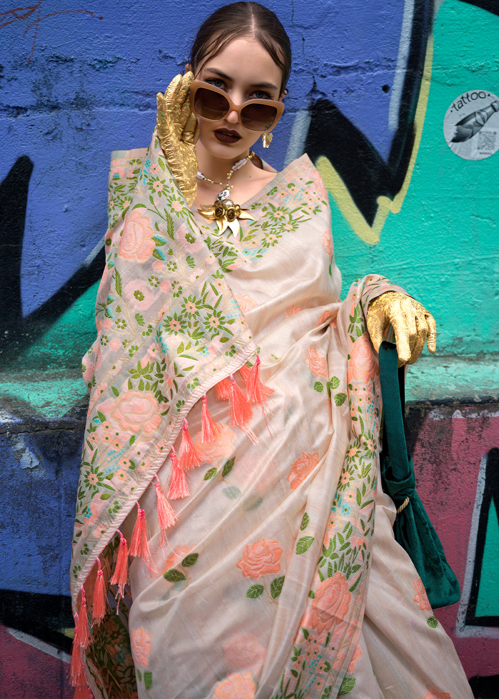 Buy MySilkLove Raffia Golden and Cream Floral Handloom Banarasi Saree Online