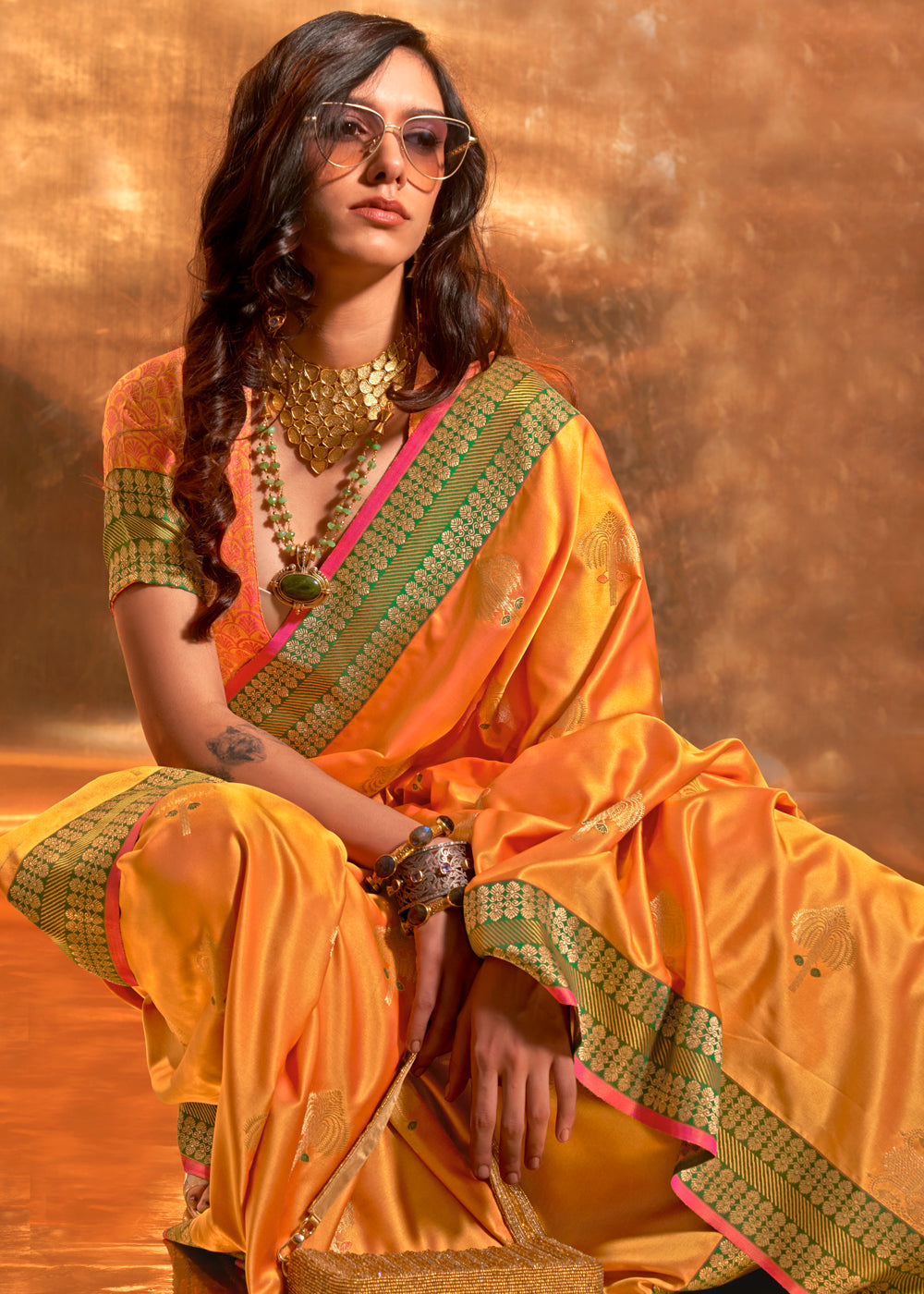 Buy MySilkLove Yellow Dandelion Woven Banarasi Satin Silk Saree Online