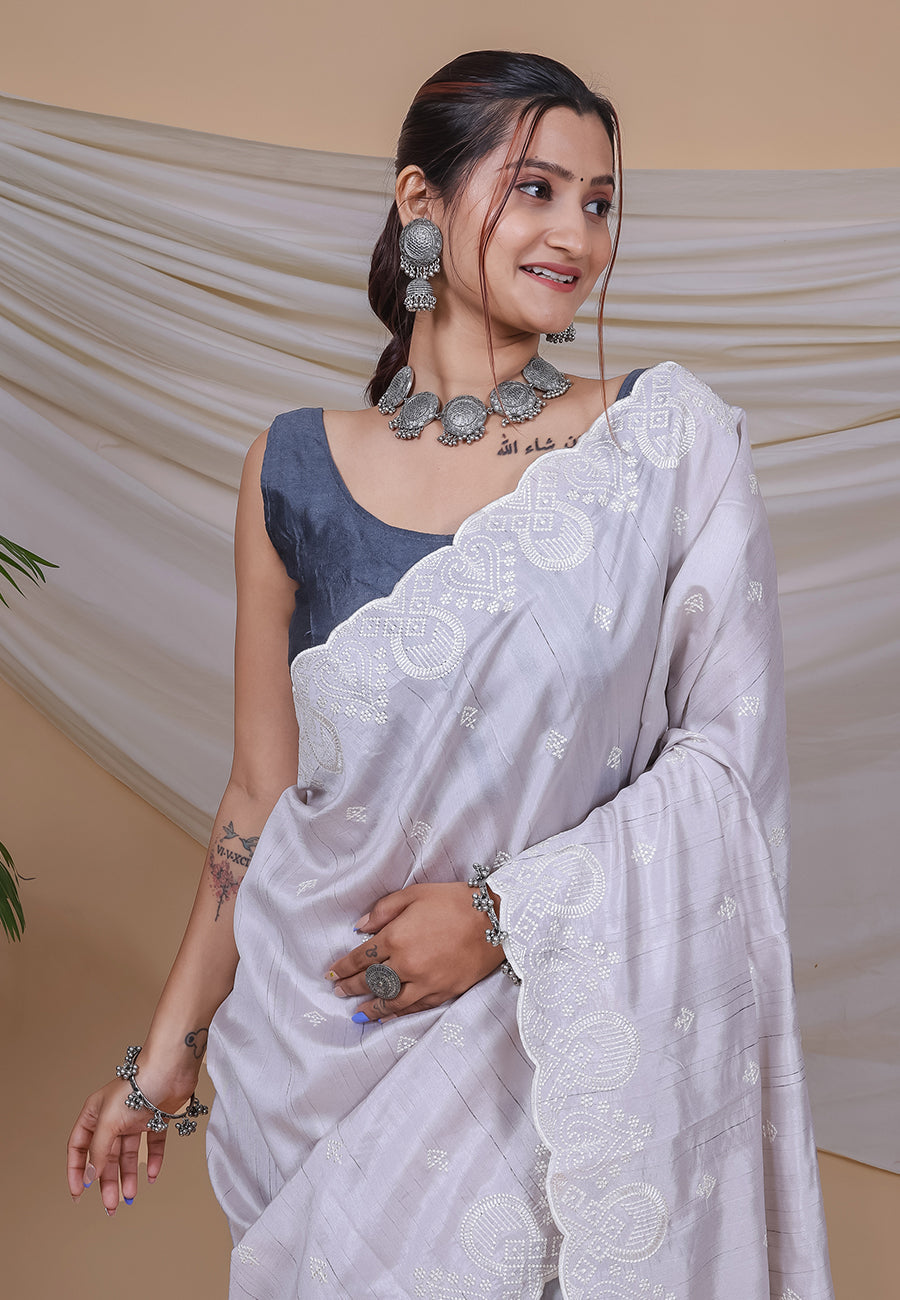 Buy MySilkLove Snuff White Tussar Silk Saree Online