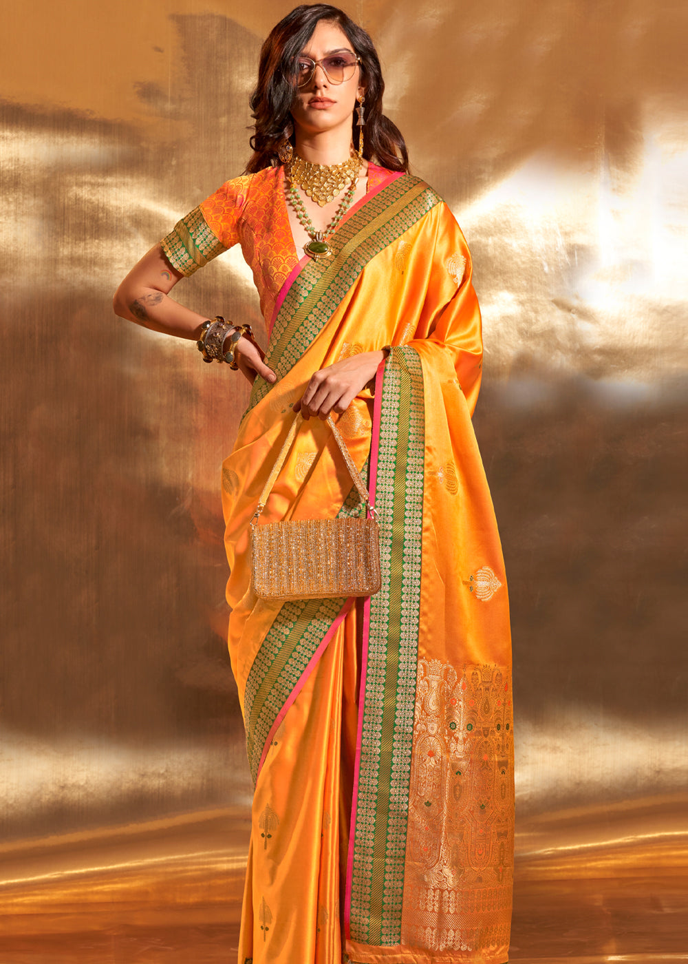 Buy MySilkLove Yellow Dandelion Woven Banarasi Satin Silk Saree Online