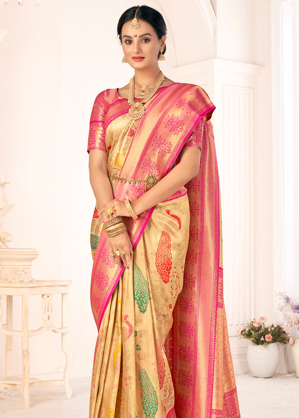 Buy MySilkLove Cream Brulee Woven Paithani Fusion Kanjivaram Silk Saree Online