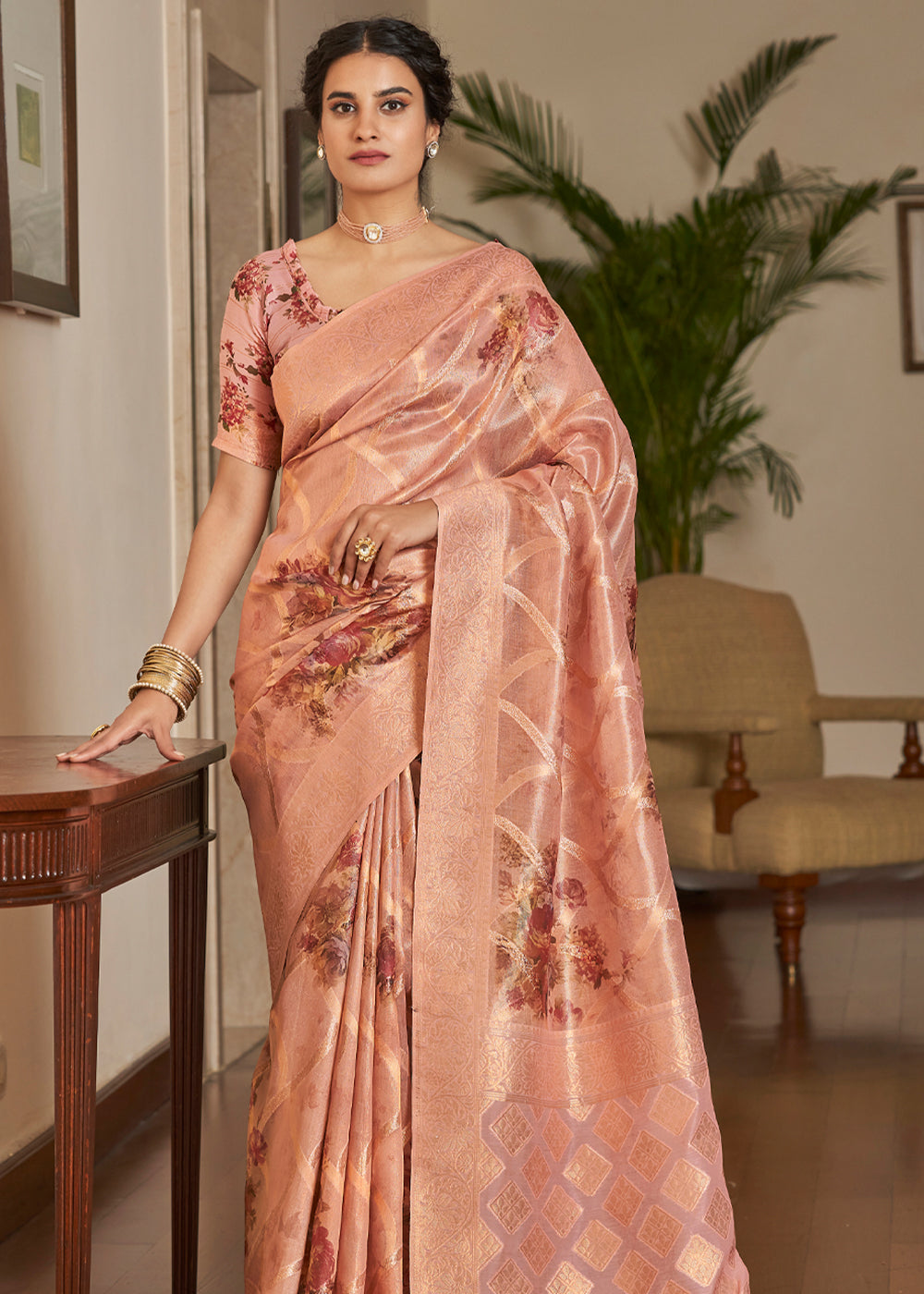 Buy MySilkLove Cashmere Peach Woven Banarasi Tissue Organza Silk Saree Online