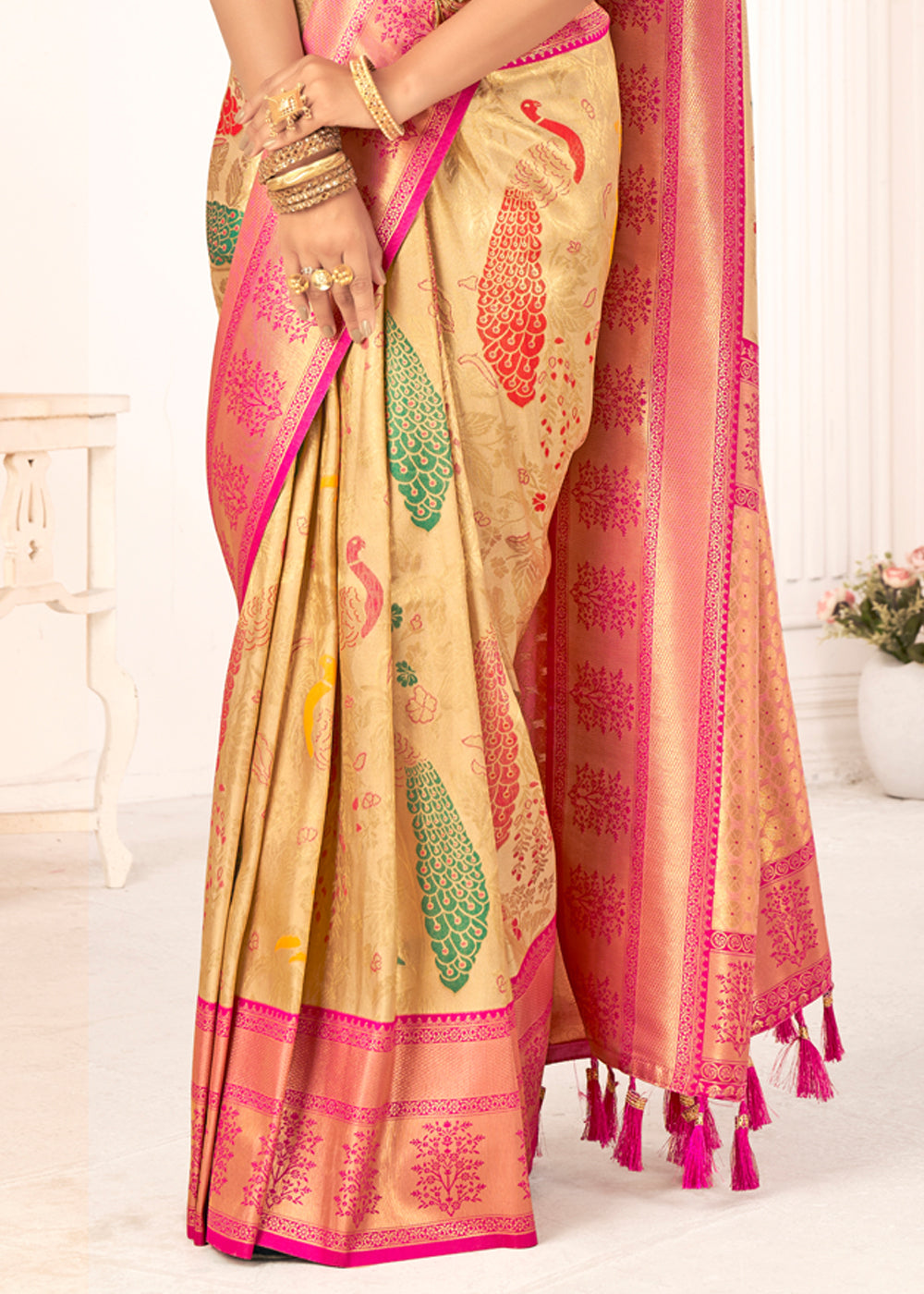 Buy MySilkLove Cream Brulee Woven Paithani Fusion Kanjivaram Silk Saree Online