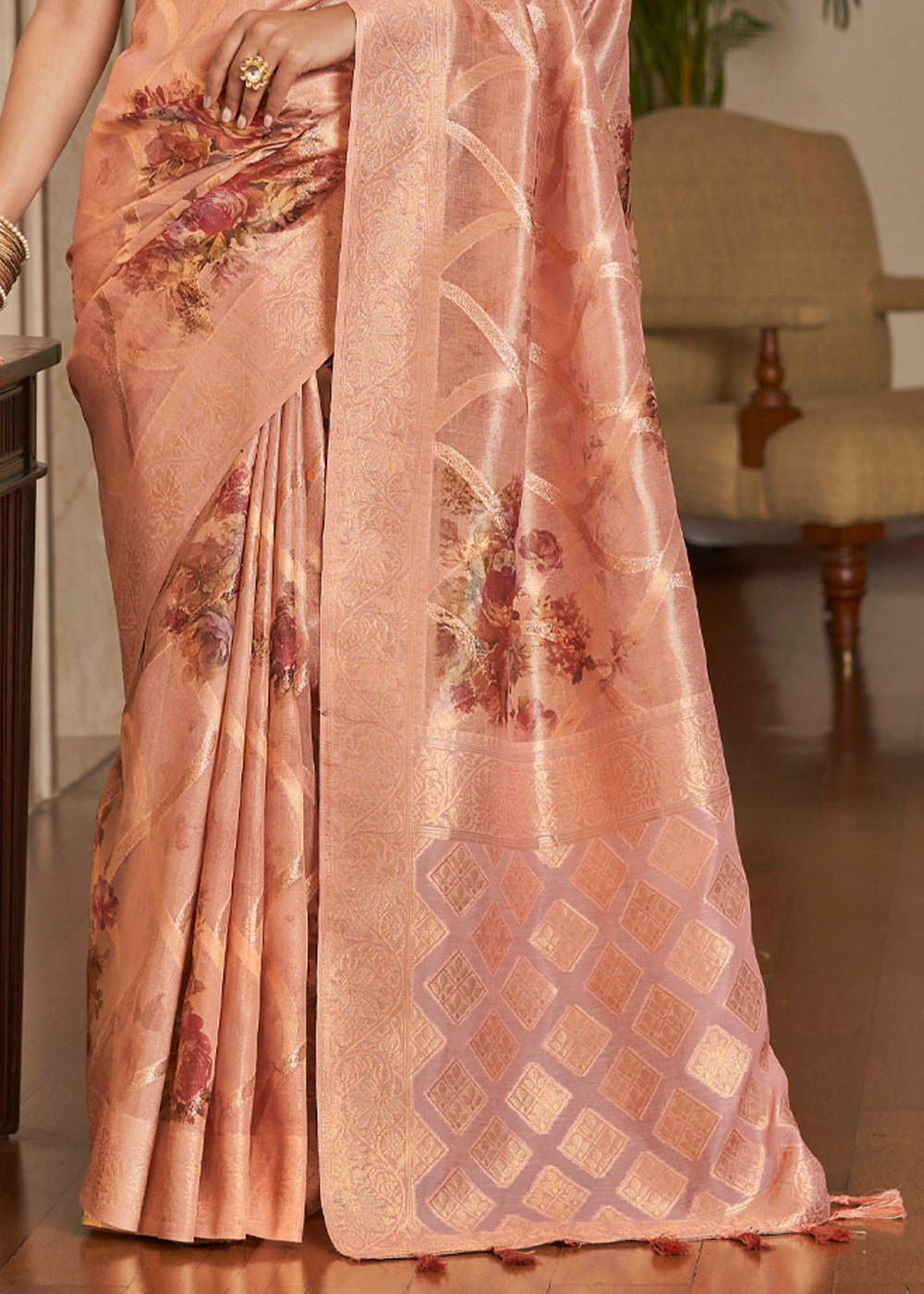 Buy MySilkLove Cashmere Peach Woven Banarasi Tissue Organza Silk Saree Online