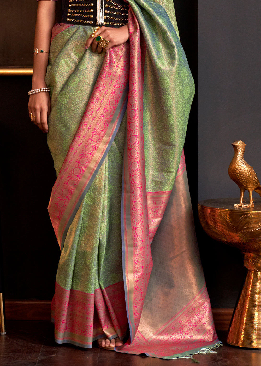 Buy MySilkLove Battleship Green Chaap Handloom kanjivaram silk Saree Online