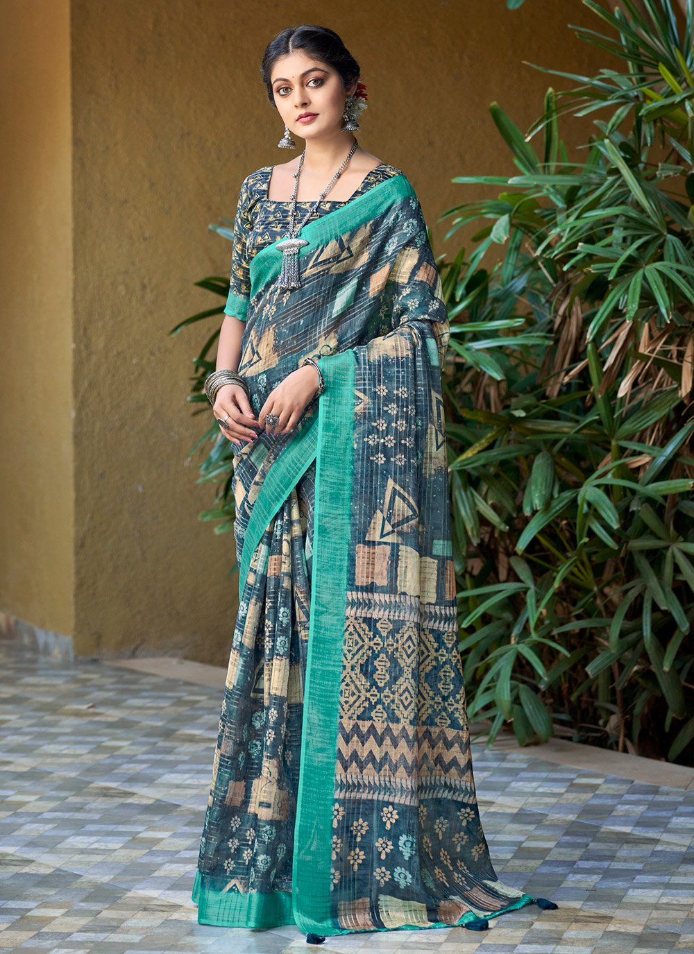 Buy MySilkLove Limed Spruce Grey Digital Printed Linen Saree Online