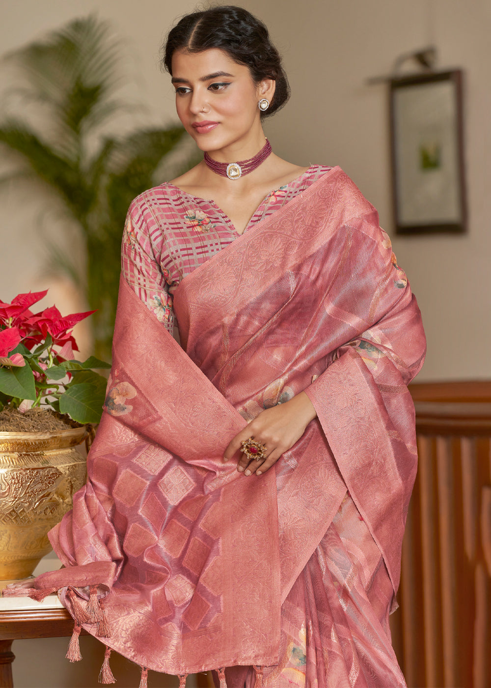 Buy MySilkLove Chestnut Pink Woven Banarasi Tissue Organza Silk Saree Online