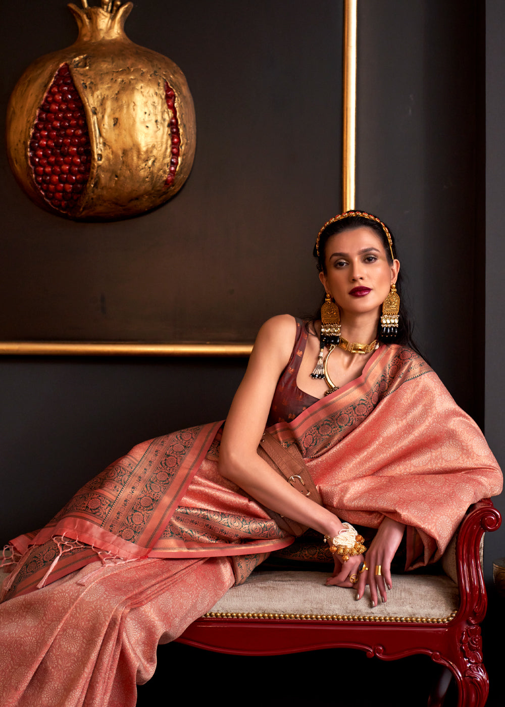 Buy MySilkLove Tonys Peach Chaap Handloom kanjivaram silk Saree Online