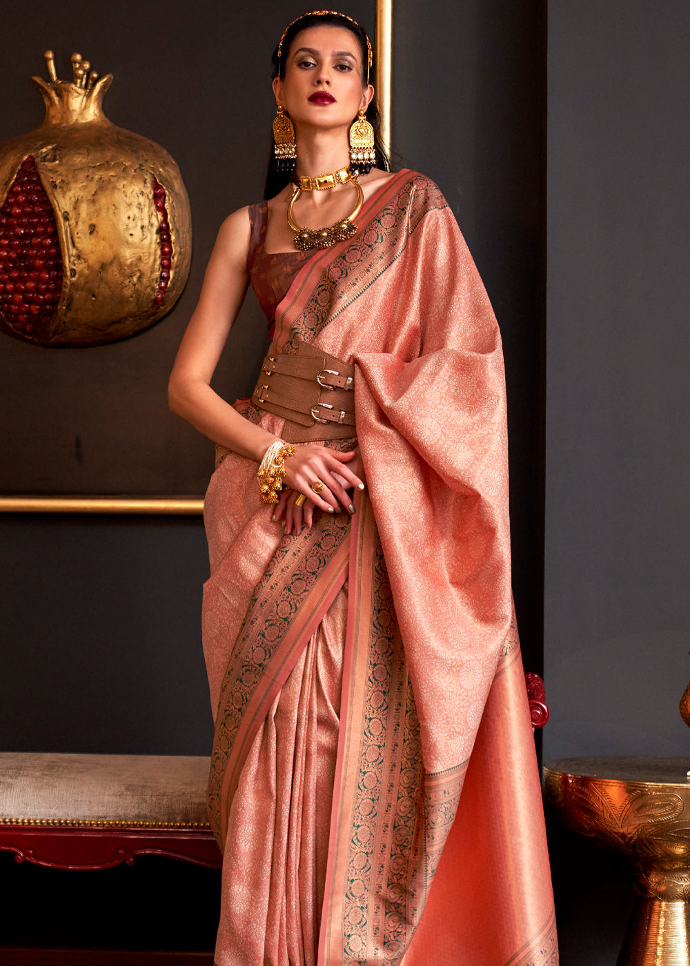 Buy MySilkLove Tonys Peach Chaap Handloom kanjivaram silk Saree Online