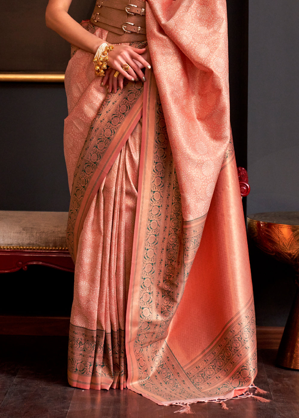 Buy MySilkLove Tonys Peach Chaap Handloom kanjivaram silk Saree Online