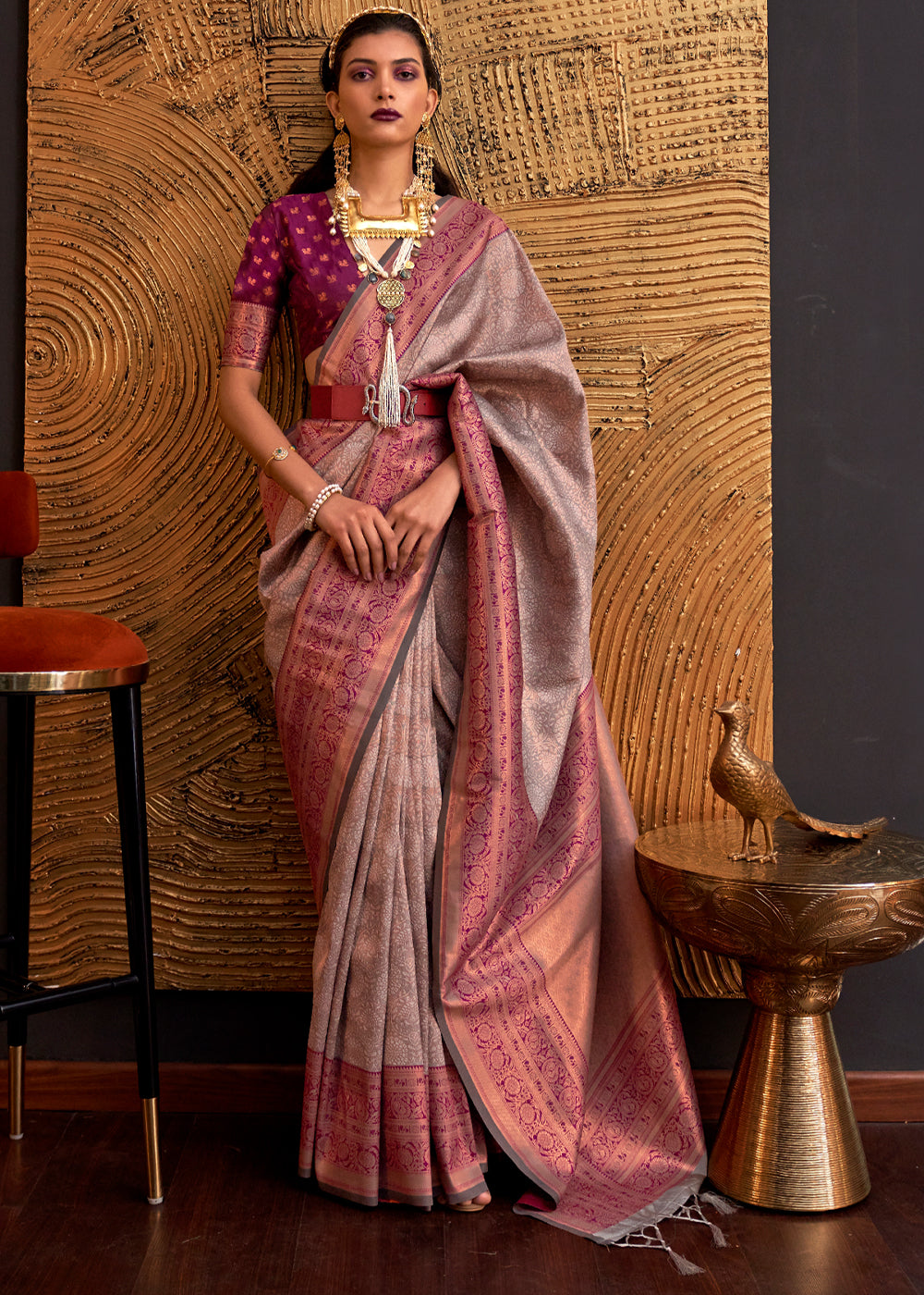 Buy MySilkLove Almond Frost Brown Chaap Handloom kanjivaram silk Saree Online