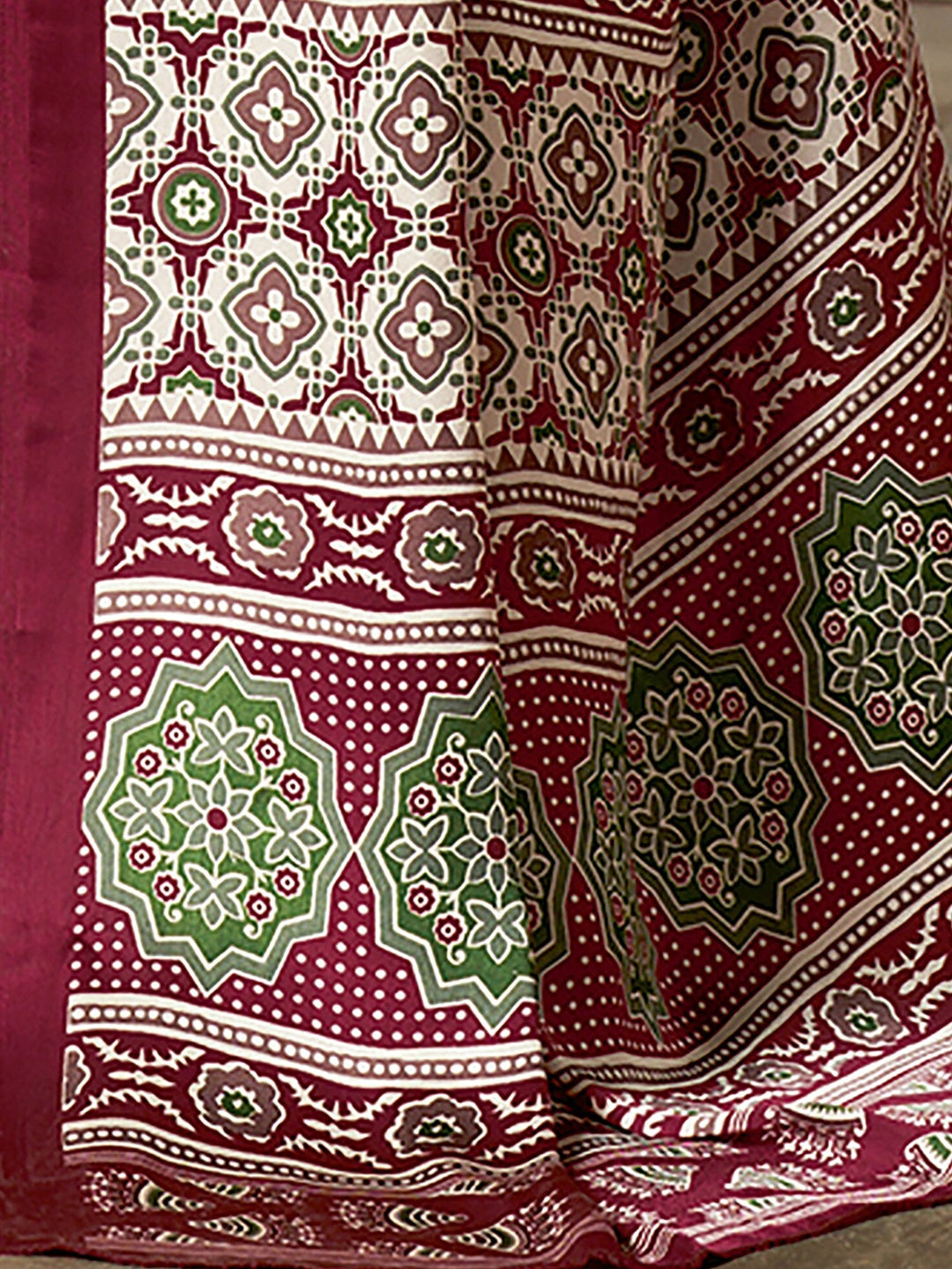 Buy MySilkLove Claret Maroon Digital Printed Ajrakh Satin Crepe Saree Online