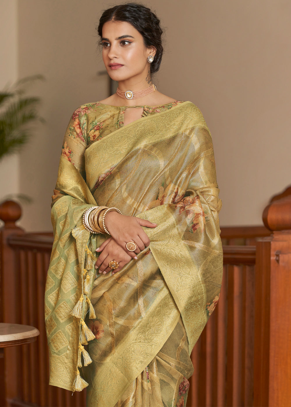 Buy MySilkLove Muddy Waters Green Woven Banarasi Tissue Organza Silk Saree Online