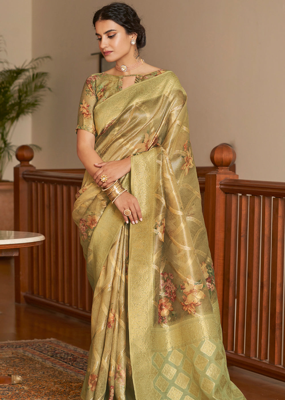 Buy MySilkLove Muddy Waters Green Woven Banarasi Tissue Organza Silk Saree Online