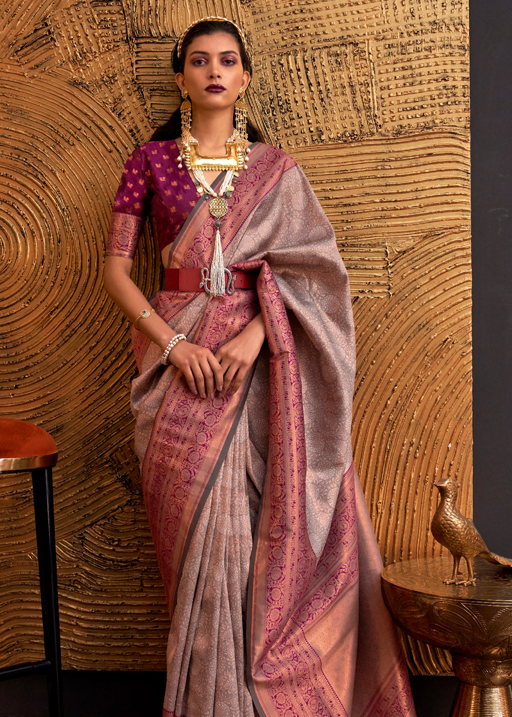 Buy MySilkLove Almond Frost Brown Chaap Handloom kanjivaram silk Saree Online