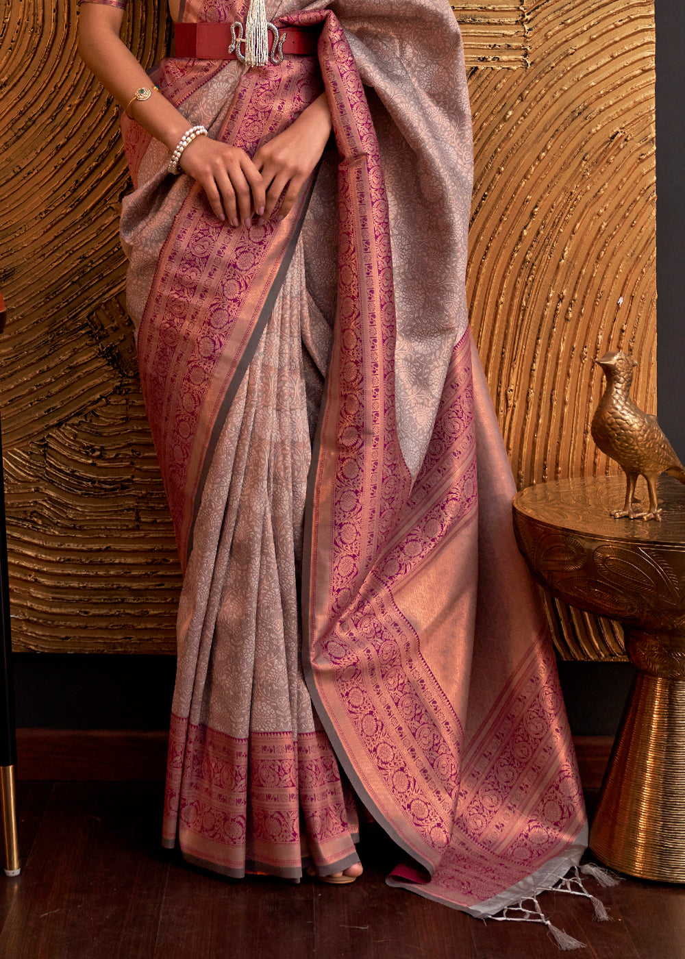 Buy MySilkLove Almond Frost Brown Chaap Handloom kanjivaram silk Saree Online