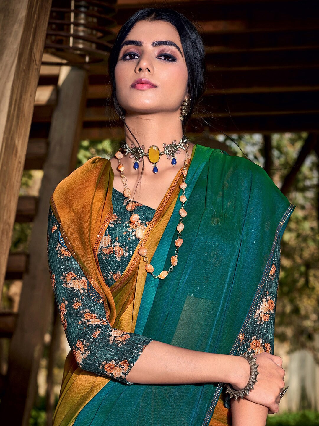 MySilkLove Raw Sienna Yellow and Green Chiffon Saree With Printed Blouse