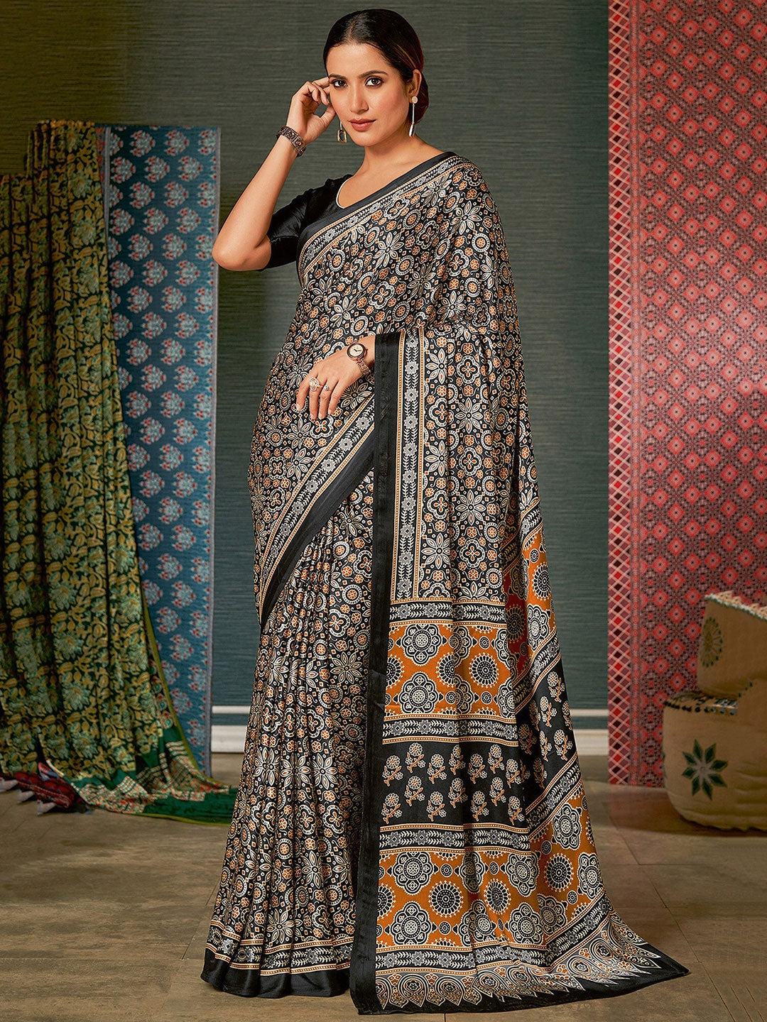 Buy MySilkLove Tuna Black Digital Printed Ajrakh Satin Crepe Saree Online