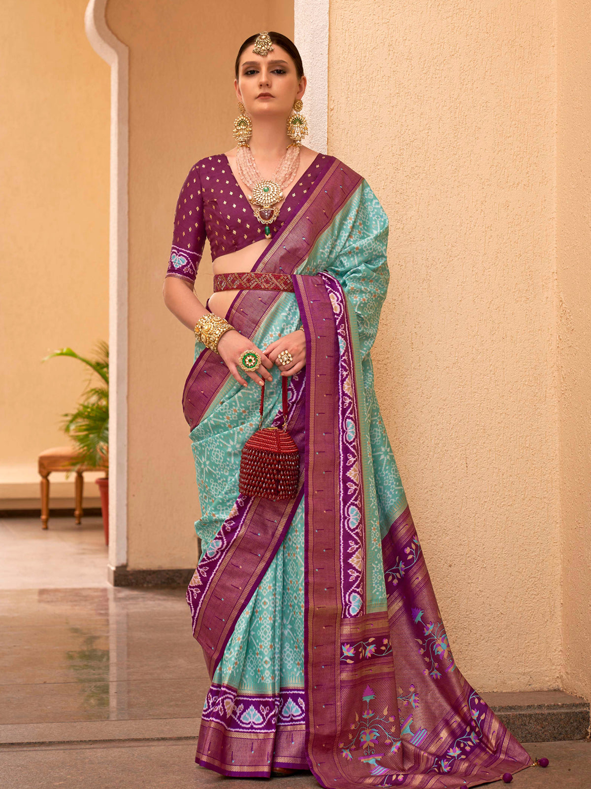 Buy MySilkLove Oxley Green and Purple Printed Patola Soft Silk Saree Online