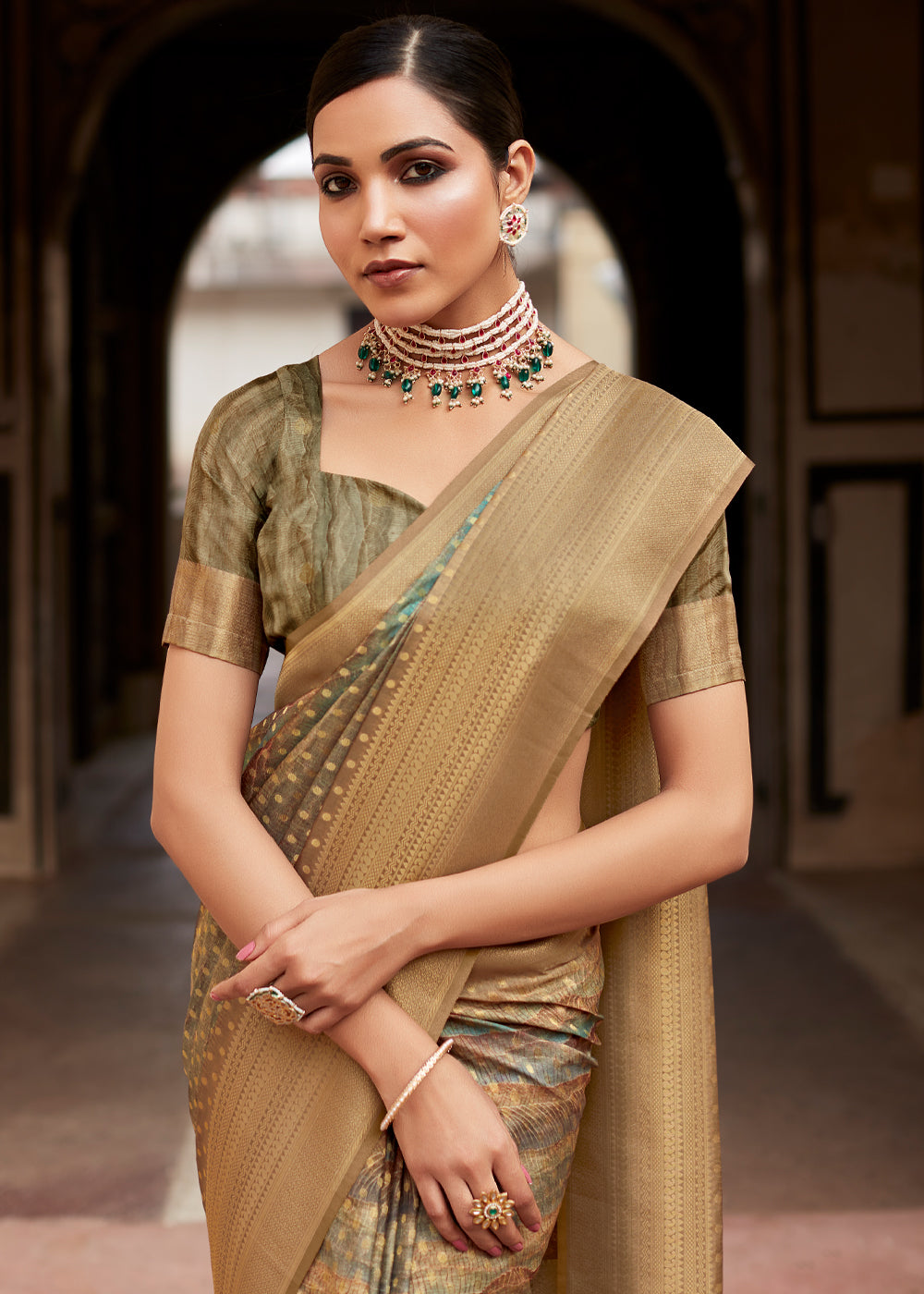 Buy MySilkLove Tan Brown Banarasi Digital Printed Silk Saree Online