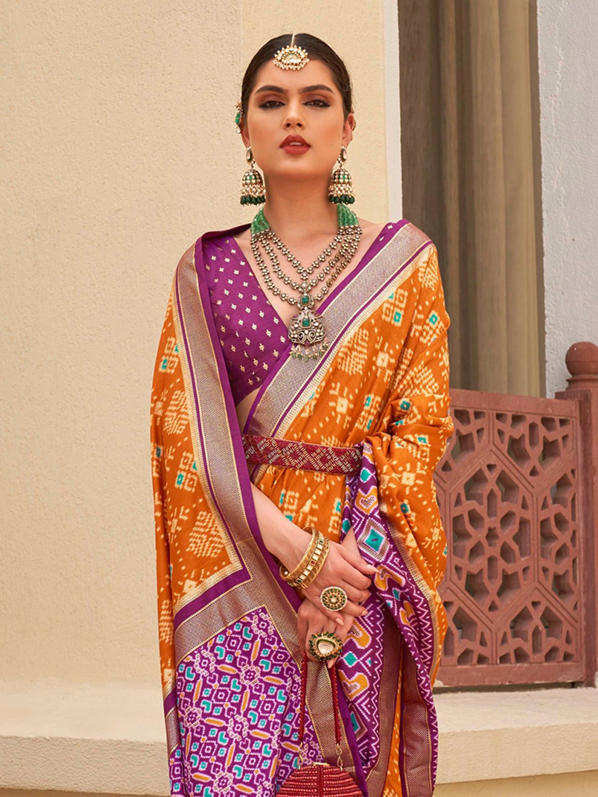 MySilkLove Hot Cinnamon Orange and Purple Printed Patola Soft Silk Saree