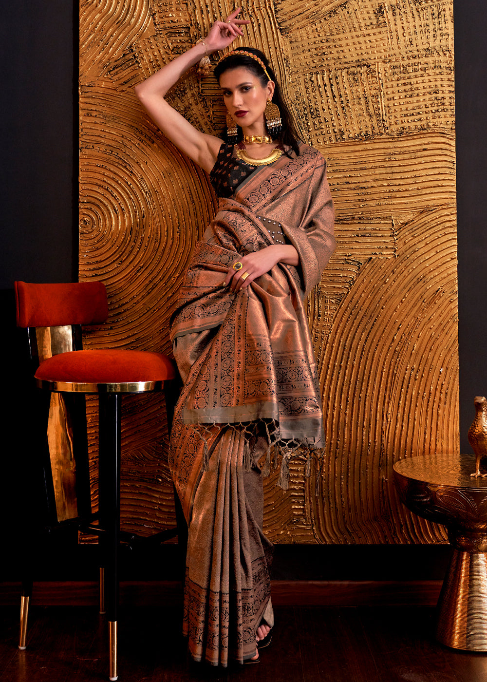 Buy MySilkLove Spicy Mix Brown Chaap Handloom kanjivaram silk Saree Online