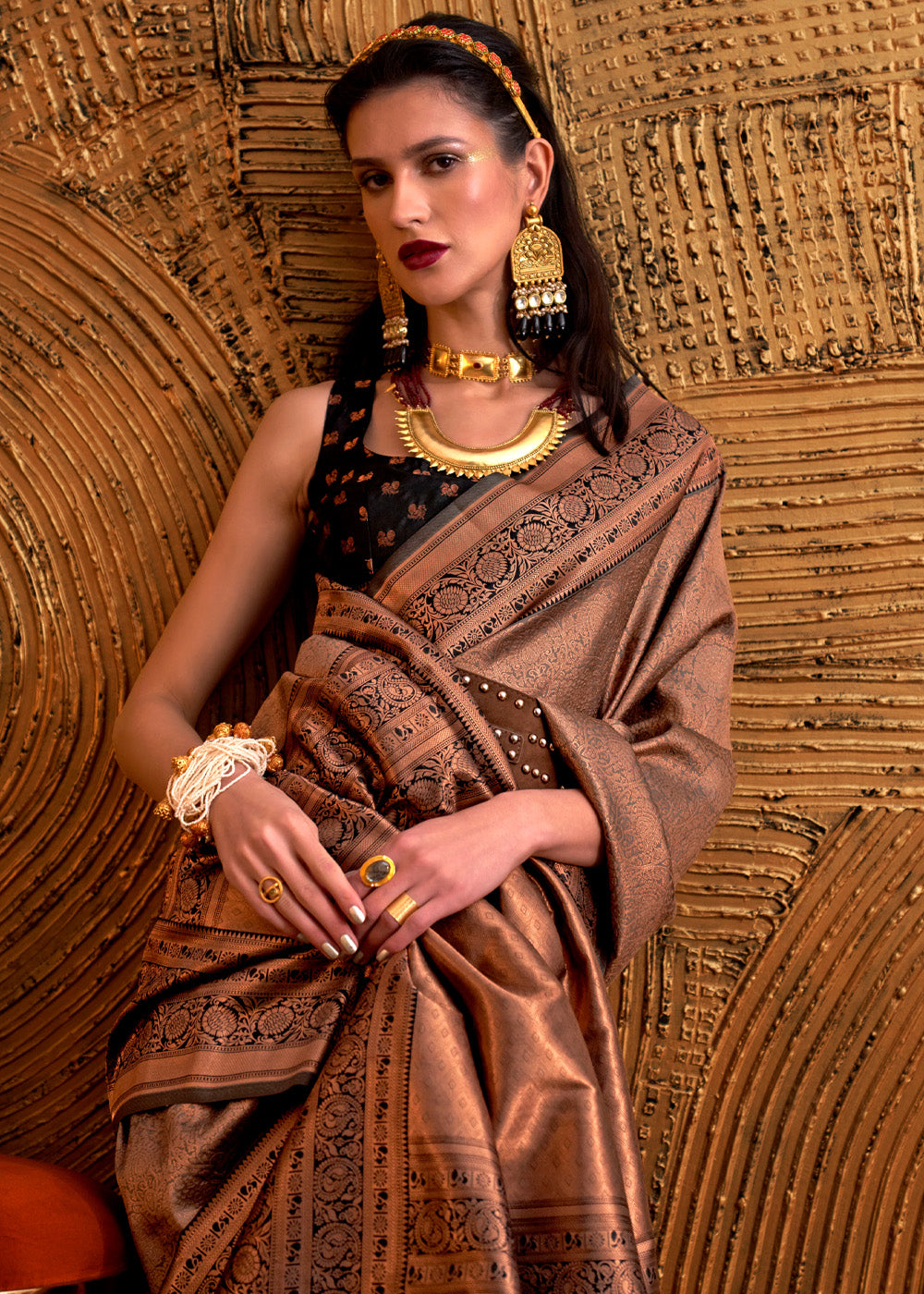 Buy MySilkLove Spicy Mix Brown Chaap Handloom kanjivaram silk Saree Online