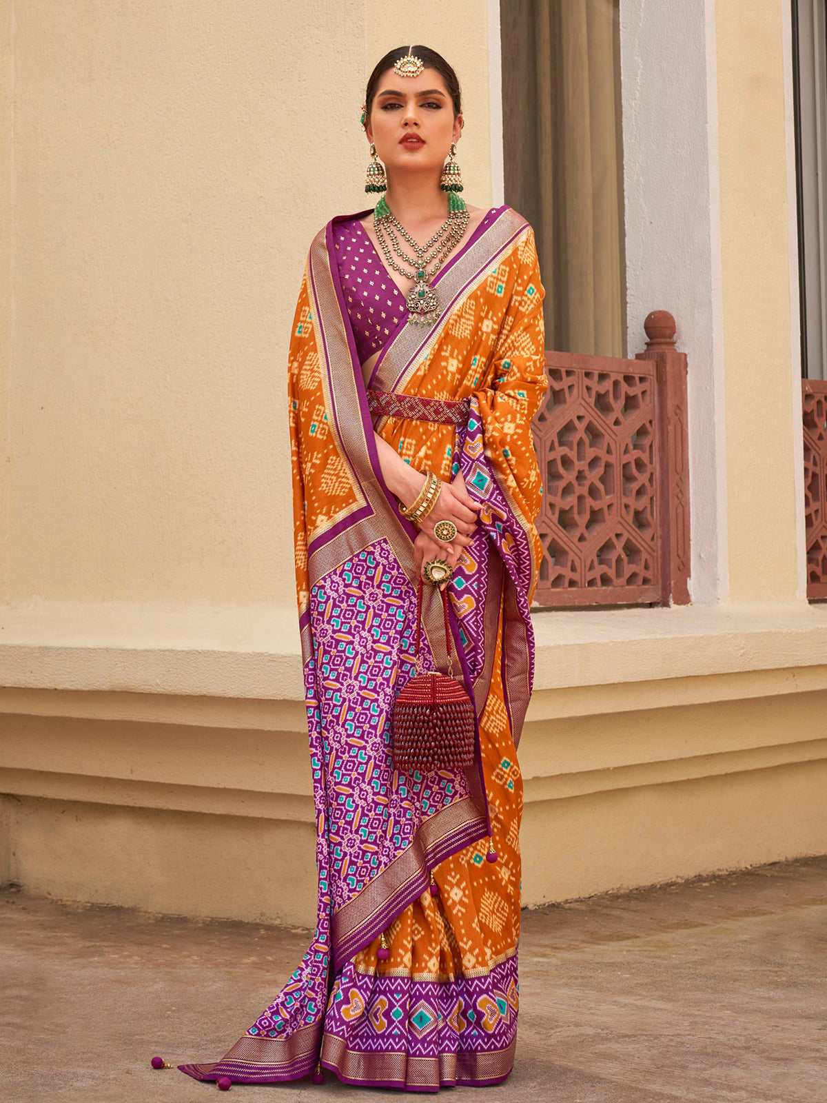 Buy MySilkLove Hot Cinnamon Orange and Purple Printed Patola Soft Silk Saree Online