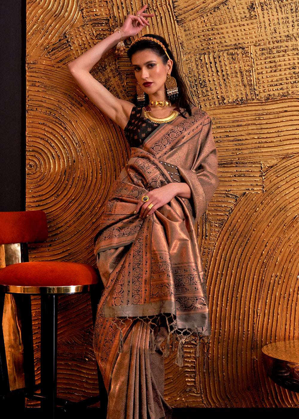 Buy MySilkLove Spicy Mix Brown Chaap Handloom kanjivaram silk Saree Online