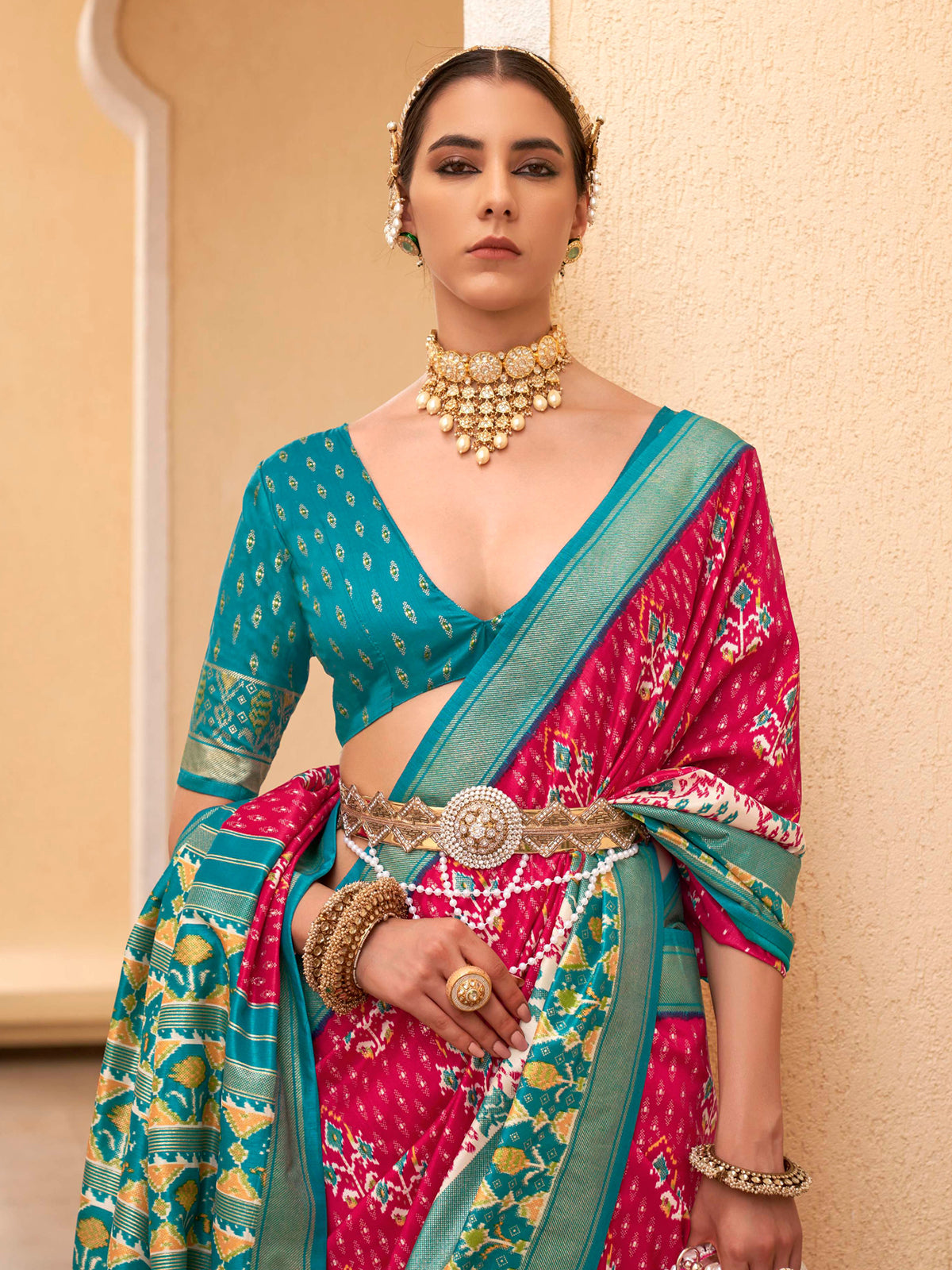 Buy MySilkLove French Rose Pink and Blue Printed Patola Soft Silk Saree Online