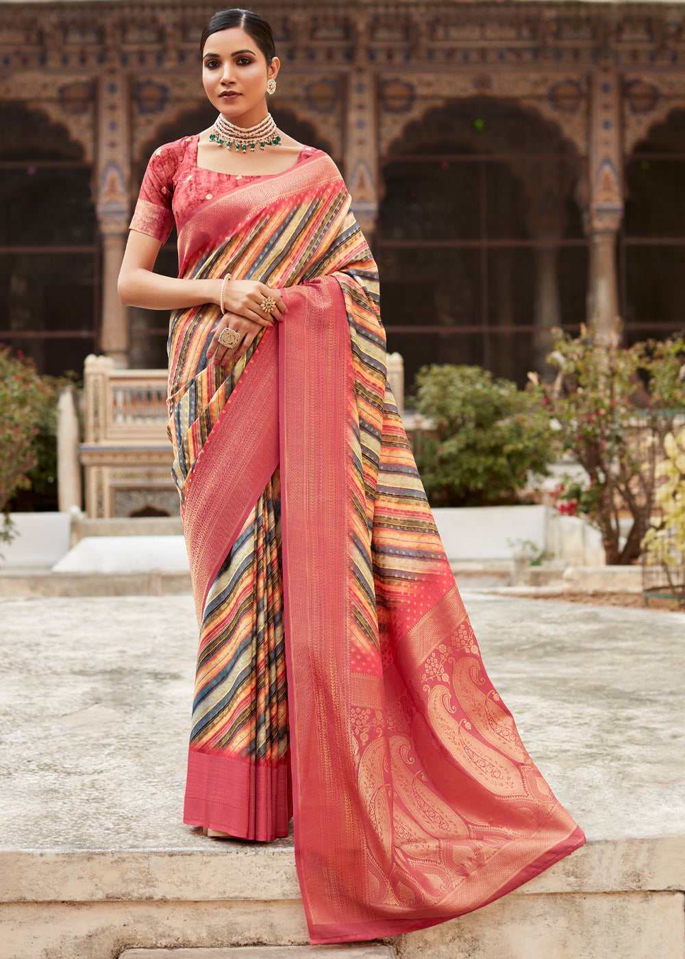 Buy MySilkLove Multicolor Pink Banarasi Digital Printed Silk Saree Online