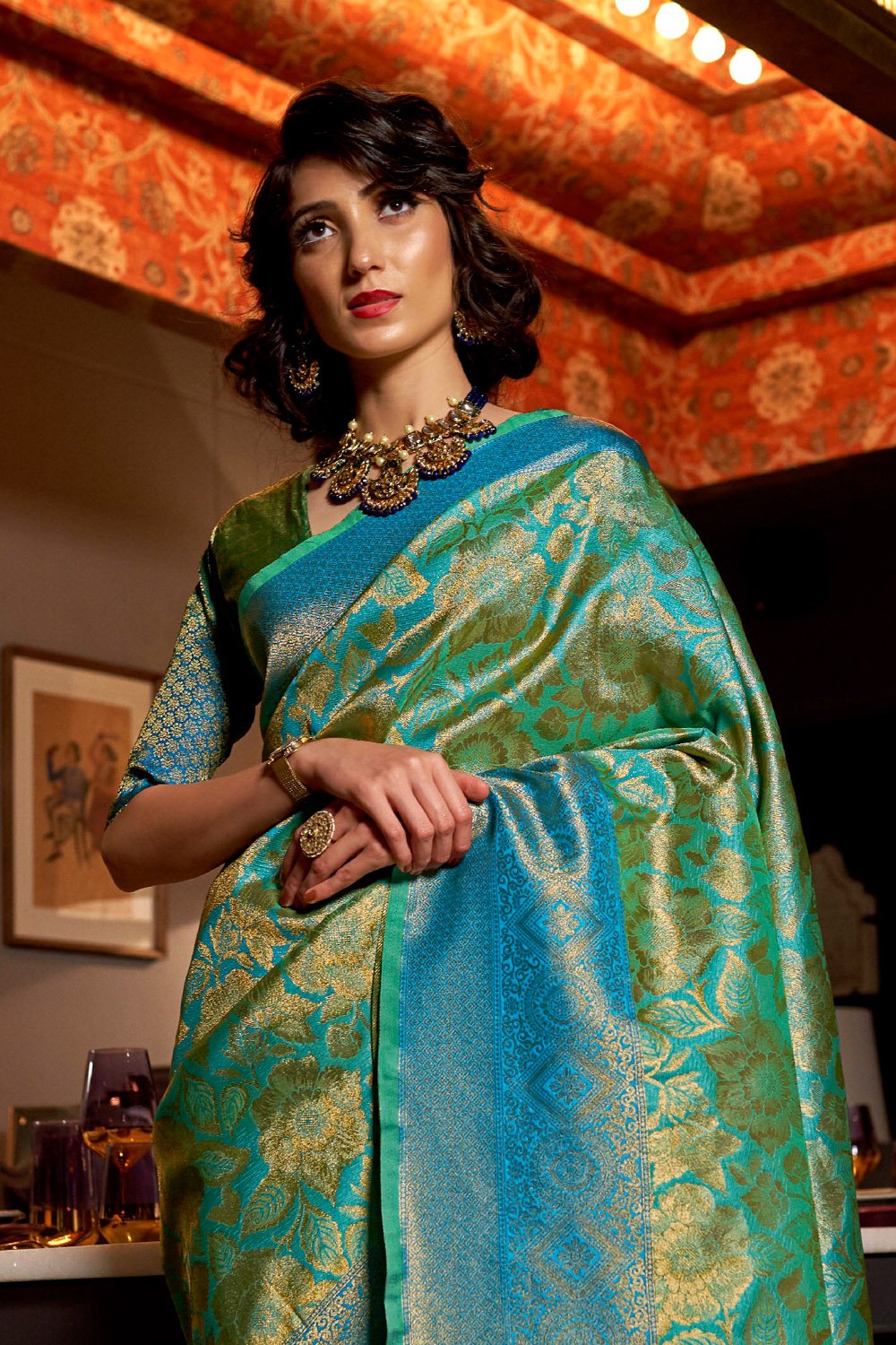 Buy MySilkLove Fountain Blue Woven Kanjivaram Saree Online