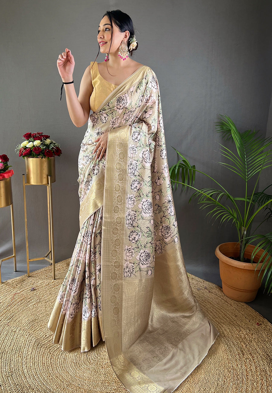 Buy MySilkLove Arrowtown Grey Kalamkari Floral Printed Saree Online