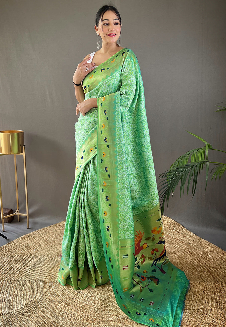 Buy MySilkLove Fringy Flower Green Lucknowi Paithani Silk Saree Online