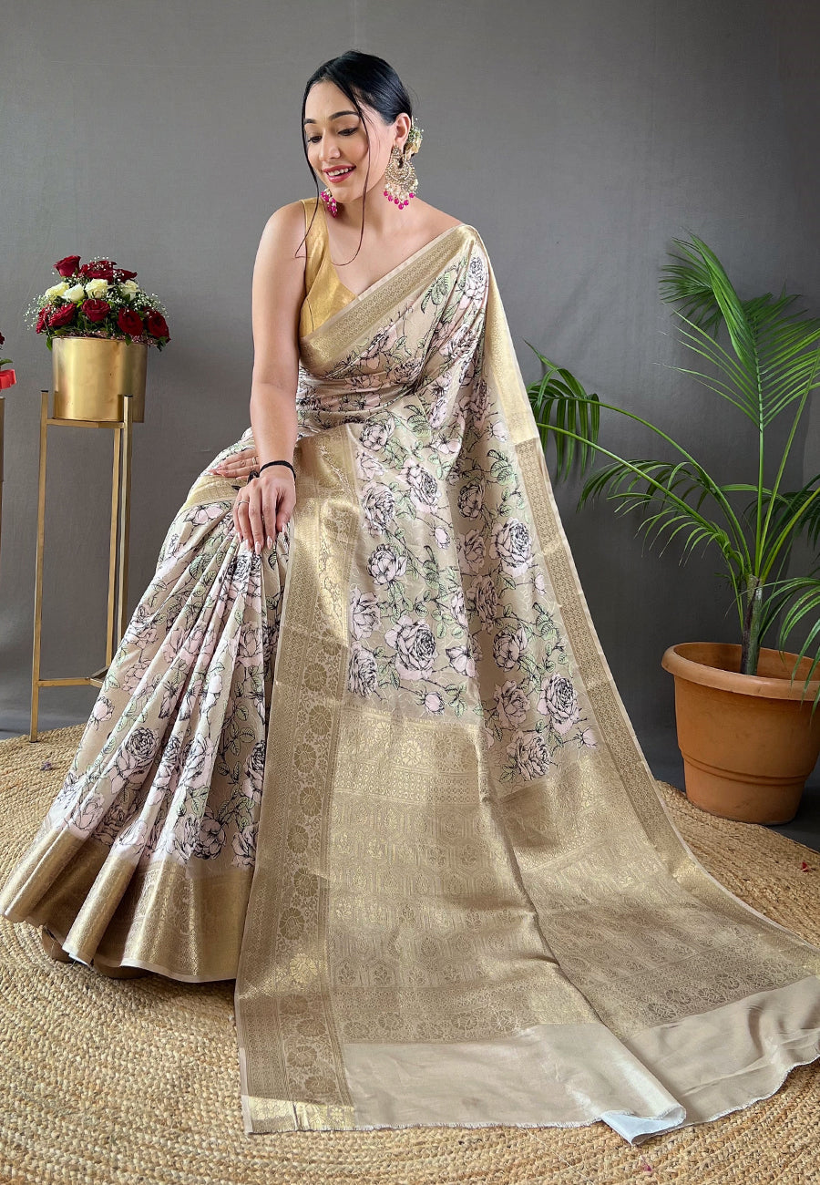 Buy MySilkLove Arrowtown Grey Kalamkari Floral Printed Saree Online