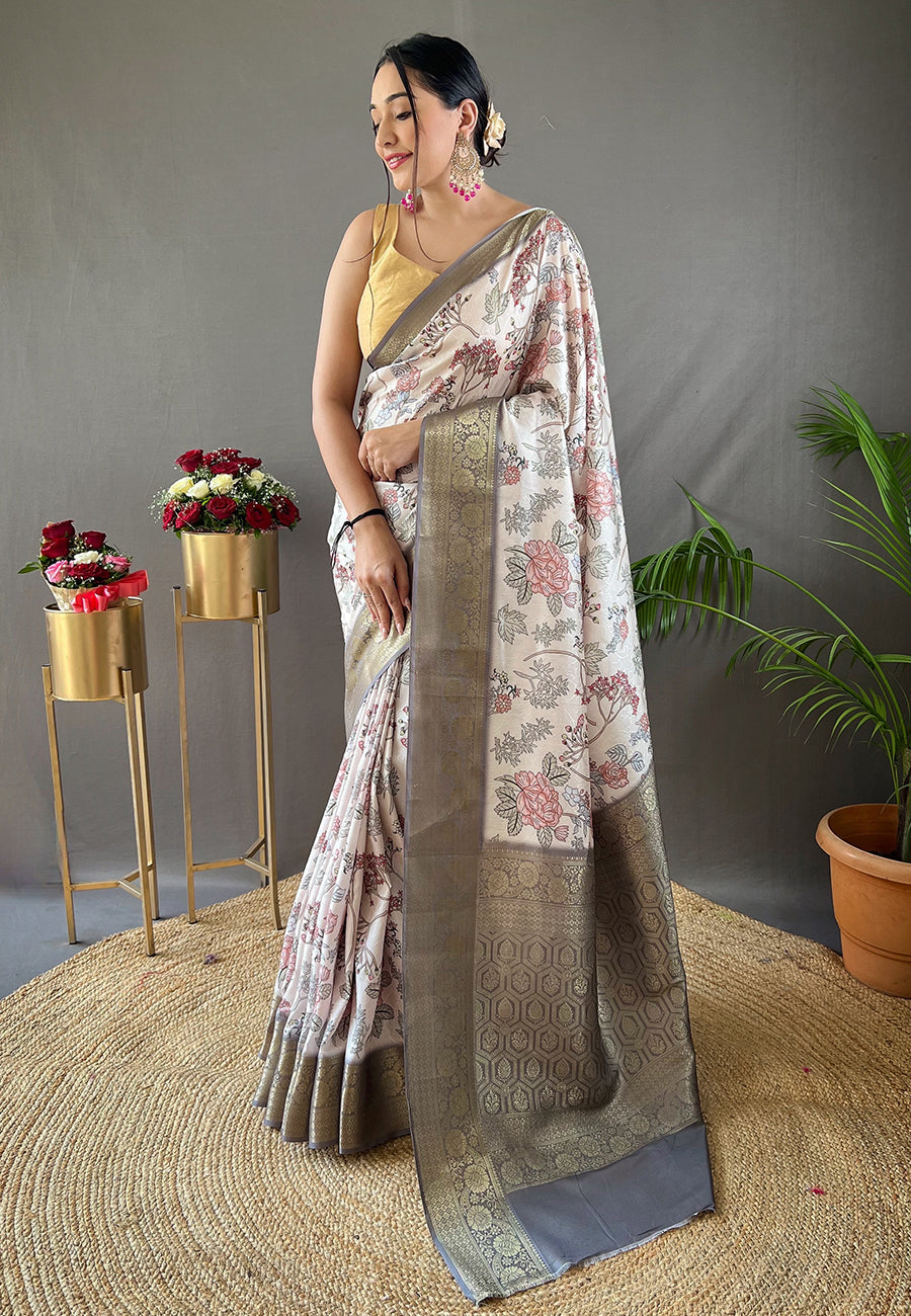 Buy MySilkLove Swirl White Kalamkari Floral Printed Saree Online